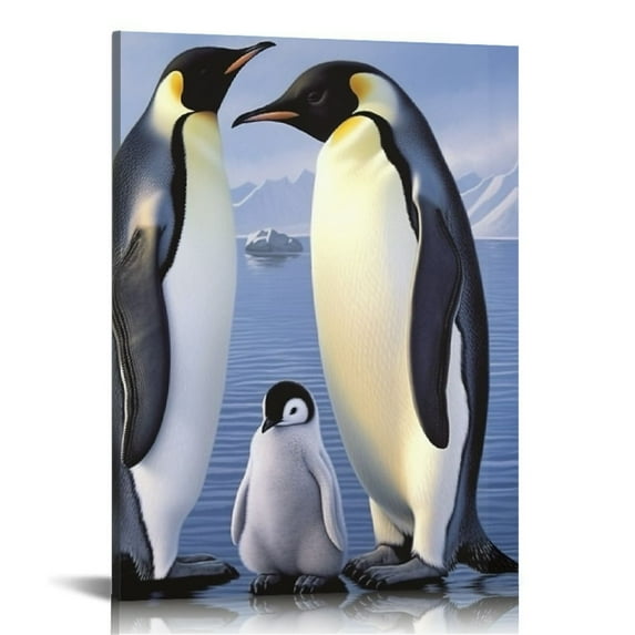 COMIO  Emperor Penguin Family Adults with Chick Canvas Wall Art, Multi-Color