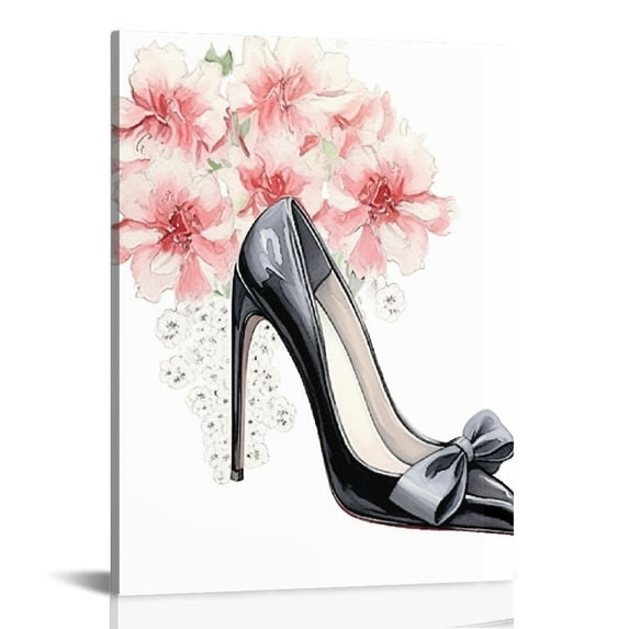 QZHH FRAMED Makeup Room Canvas Wall Art, Fashion Woman Picture , Perfume Handbags High Heels Lipstick Wall Paintings, Pink Gift for Girls Room Boudoir Decor Ready to Hang