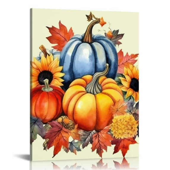 COMIO Fall Canvas Wall Art, Vintage Autumn Orange Blue Pumpkin Picture, Retro Farmhouse Fall Prints Poster, Rustic Autumn Harvest Thanksgiving Decor Sunflower Mushroom Painting 16x20in