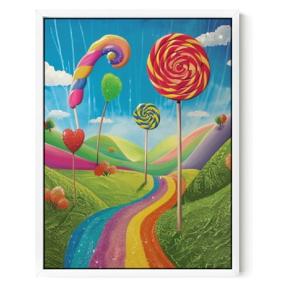 COMIO Fantasy Framed Wall Art, Surreal Candy Land Delicious Lollipops and Sweets Sun Cheerful Fun Print, Decor with Teak Tone Wood Frame Home & Dorm Decor, Green Blue Red 12x16in