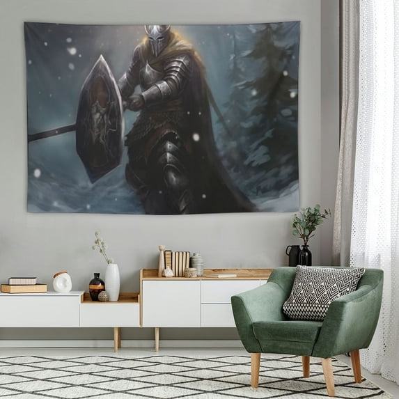 COMIO  Fantasy Tapestry, Artistic Illustration of Dwarf Knight in Gothic Shield in Mysterious Forest, Wall Hanging for Bedroom Living Room Dorm, Multicolor