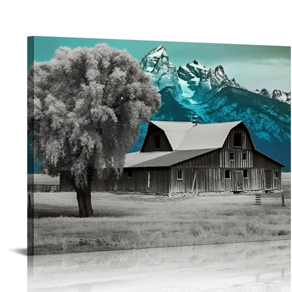COMIO Farmhouse Barn Wall Art Rustic Country Teal Tree Barn Pictures Wall Decor Black And White Canvas Print Painting Modern Home Framed Artwork For Bathroom Bedroom Kitchen