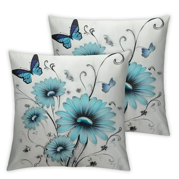 COMIO Farmhouse Blue Flower Pillow Cover, Farm Daisy Floral Butterfly Abstract Background Throw Pillow Case for Home Outdoor Decoration Sofa Cushion Turquoise Teal 2Pcs