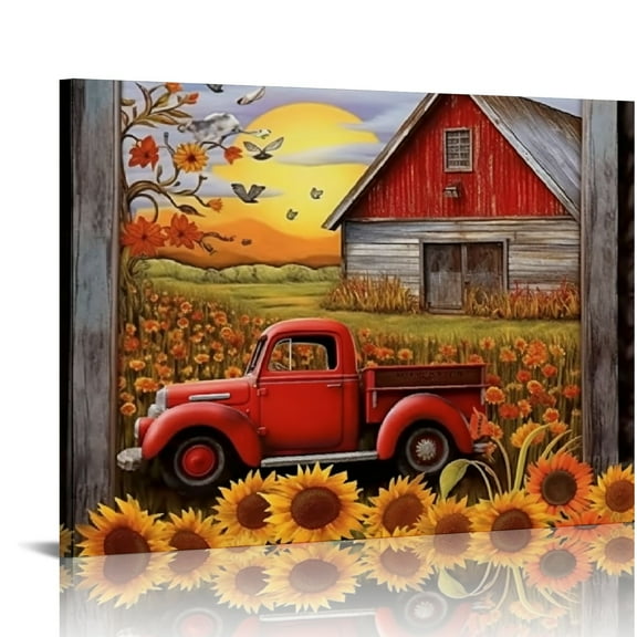 COMIO Farmhouse Canvas Wall Art Red Old Trucks Picture Kitchen Wall Decor Rustic Sunflowers Country Painting for Bedroom Bathroom Living Room Prints Artwork Framed 20x16