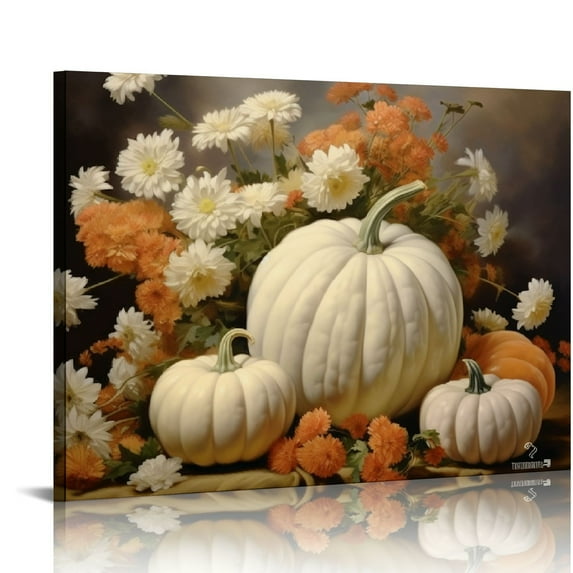 COMIO Farmhouse Fall Canvas Wall Art, White Orange Pumpkins Still Life Painting Pictures, Rustic Farm Daisy Flower Posters, Halloween Thanksgiving Autumn Wall Print Decor 20x16in
