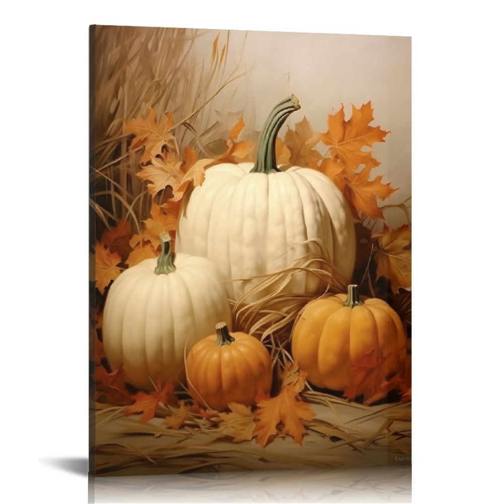 COMIO Farmhouse Fall Canvas Wall Art, White Pumpkin Still Life Painting ...