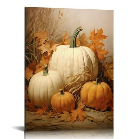 COMIO Farmhouse Fall Canvas Wall Art, White Pumpkin Still Life Painting Pictures, Rustic Farm Pumpkin Fall Leaves Posters, Halloween Thanksgiving Autumn Wall Print Decor 16x20in