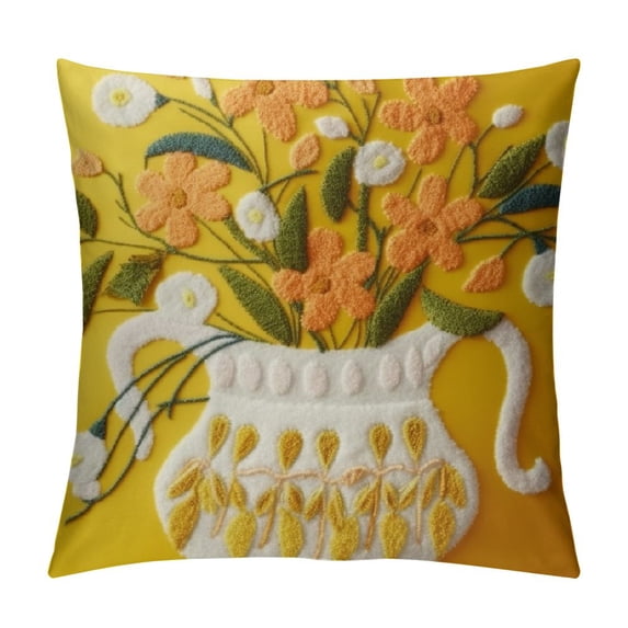 COMIO  Farmhouse Floral Blossom Tufted Throw Pillow Cover Spring Colorful Flower Vase Leaves Embroidery Pillowcase Soft Square Cushion Case