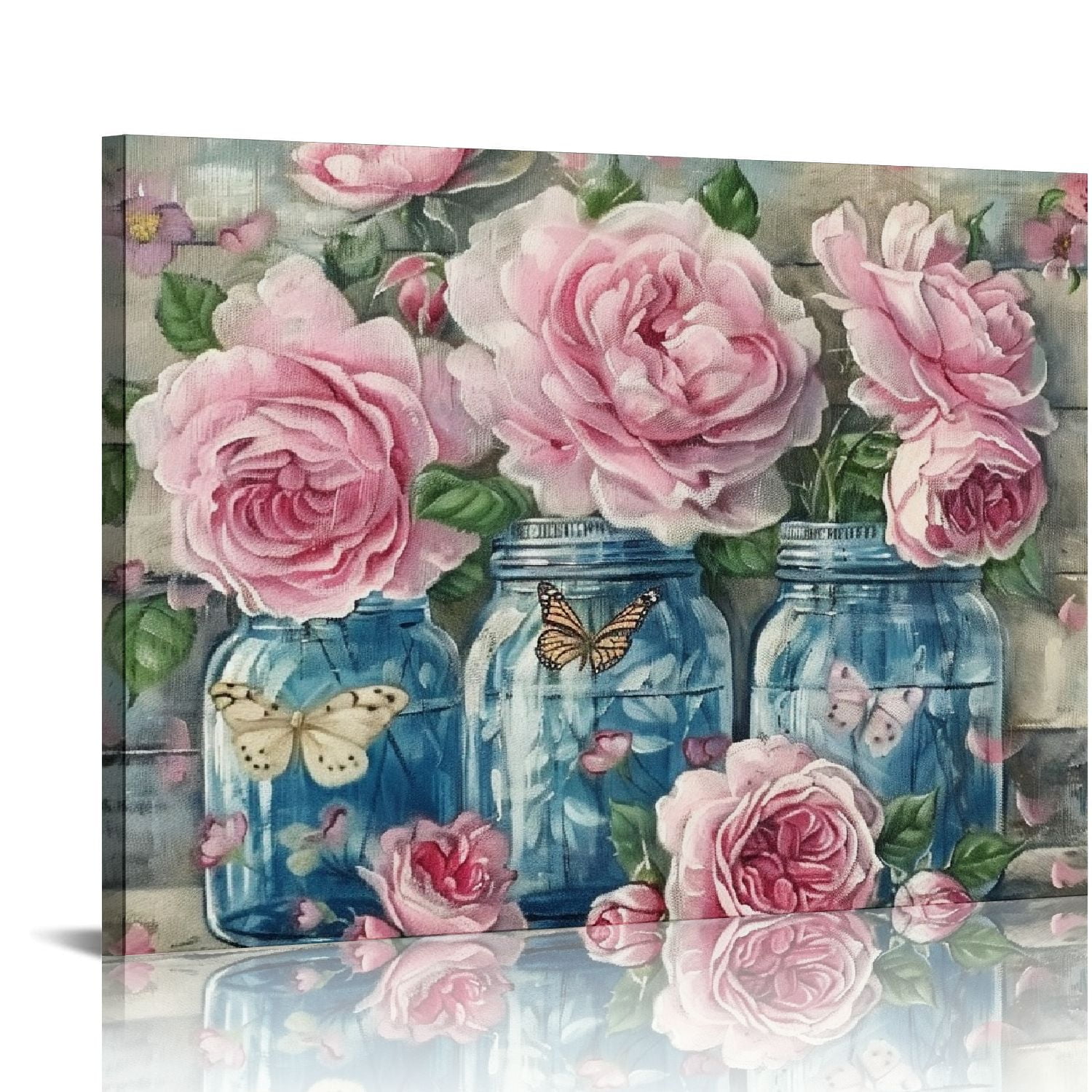 Farmhouse Rose & Peony Flower Wall Art Canvas - Rustic Floral Butterfly Picture, Framed Decor For Living Room, Kitchen, Bedroom, 12x16 Inches