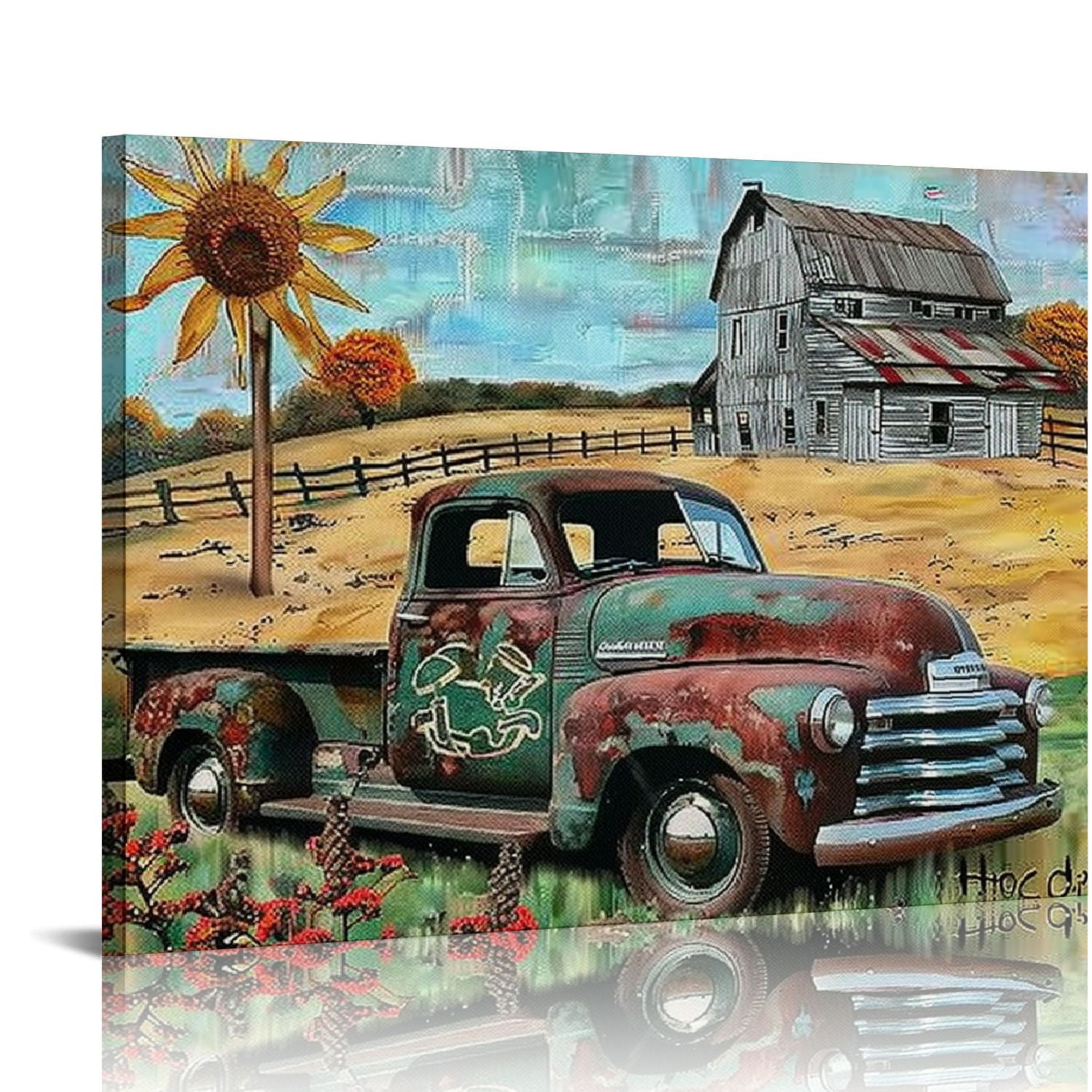 COMIO Farmhouse Teal Truck Wall Art Country Windmill Old Barn Pictures ...
