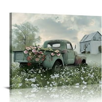 COMIO Farmhouse Truck Wall Art - Old Truck Canvas Prints, Barn Pictures Wall Art for Rustic Home Decor, Rustic Landscape Canvas Painting, Red Car Posters Framed Artwork for Country Wall Decor