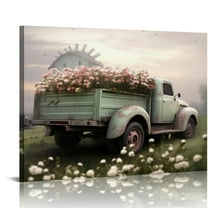 COMIO Farmhouse Truck Wall Art - Old Truck Canvas Prints, Barn Pictures Wall Art for Rustic Home Decor, Rustic Landscape Canvas Painting, Red Car Posters Framed Artwork for Country Wall Decor