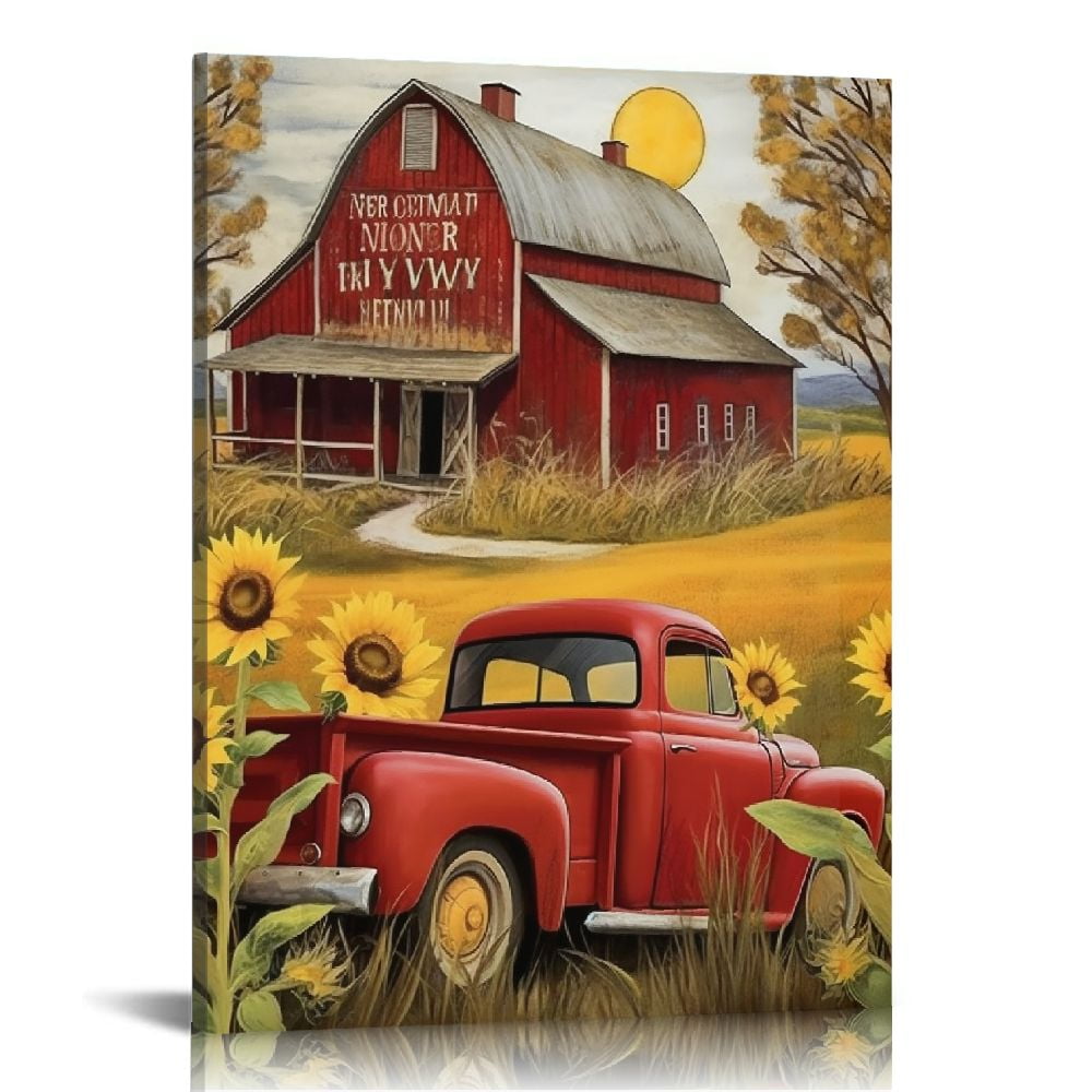 COMIO Farmhouse Truck Wall Art Rustic Red Truck Sunflower Pictures Wall ...