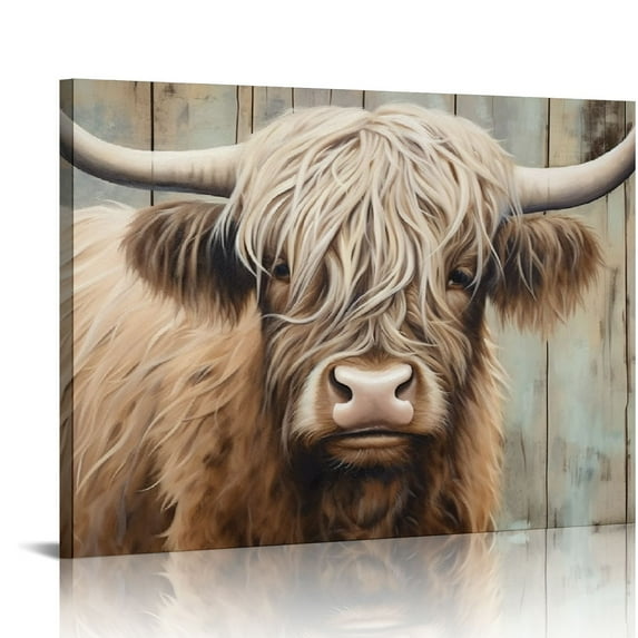 COMIO  Farmhouse Wall Art Highland Cow Wall Decor Canvas Print Brown Vintage Painting Suitable as a gift and home decor, can be hung in bedroom kitchen bathroom dining room living room