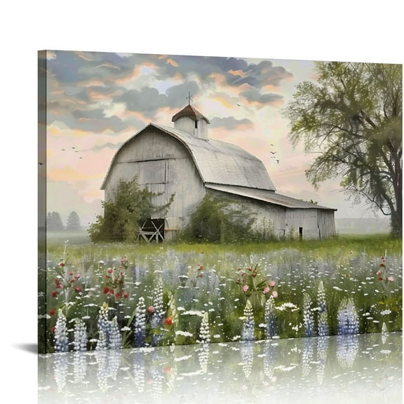 COMIO Farmhouse Wall Decor Art, Farmhouse Barn Canvas Wall Art, Rustic Country Room Wall Decor, Farmhouse Floral Canvas Prints, White Farmhouse Barn Pictures for Living Room Kitchen Decor