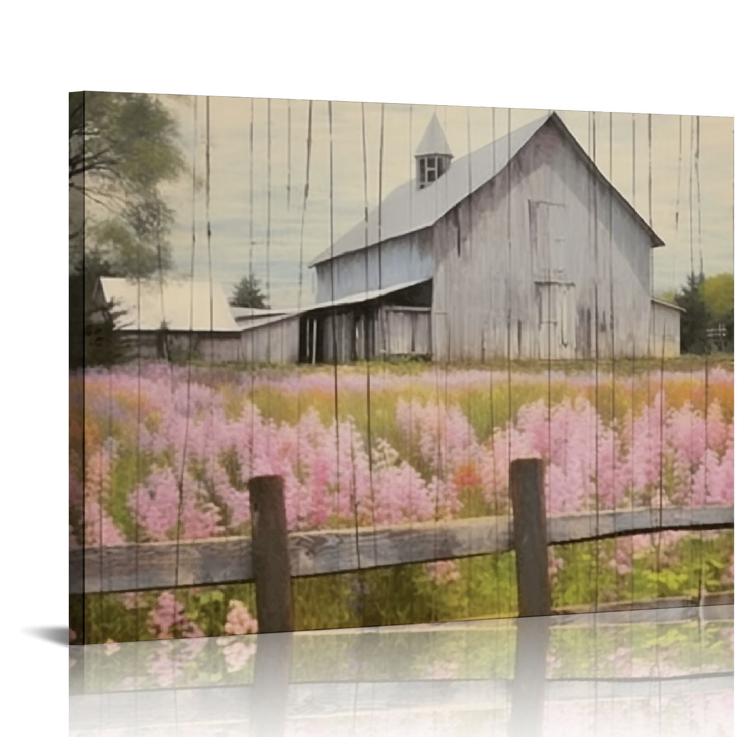 COMIO Farmhouse White Barn Wall Art Rustic Purple Flower Field Fence ...
