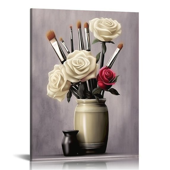 COMIO Fashion Wall Art Prints Flower High Heels Makeup Brush Handbag Yellow and Grey Artwork for Girls Bedroom Dressing Room Wall Decor Stretched and Framed Ready to Hang
