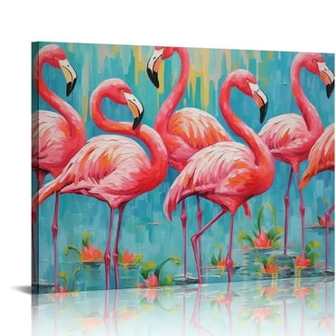 COMIO  Flamingo Bedroom Wall Decor Painting: A Flock of Pink Flamingo Wall Art Canvas for Bathroom with Frame Ready to Hanh