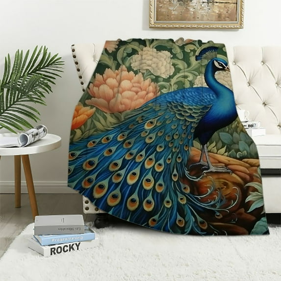 COMIO Flannel Blanket Peacock Bird Floral Euro Sham Asian Animal Gifts White