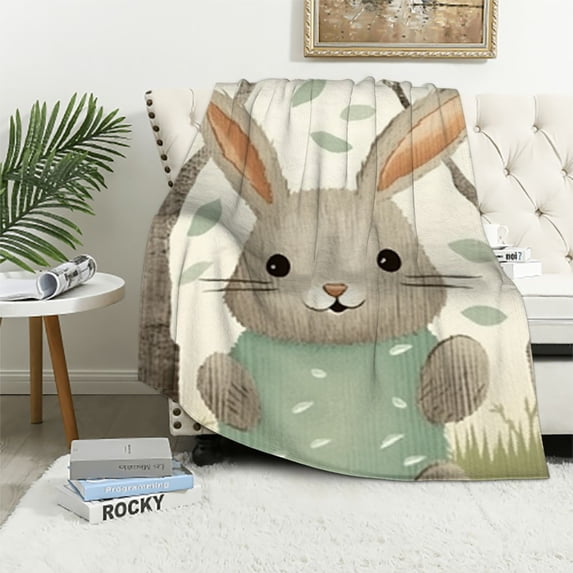 COMIO Flannel Blanket Super Soft Woodland Animal Cute Rabbit, Anti-Pilling, Multiple Sizes White