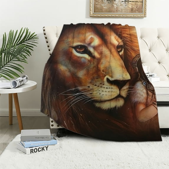 COMIO Flannel Blanket Throw Blanket (Universal 1) Excellent Hand Feel Indian Woman Lion White