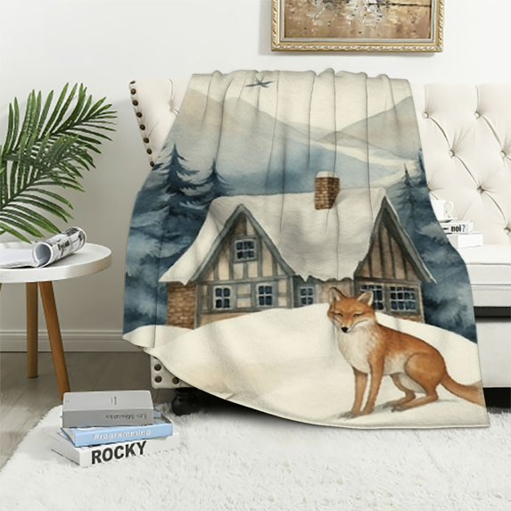 COMIO Flannel Blanket Throw (Universal 1) Winter Wonderland Reindeer Fox Exquisite Gifts White
