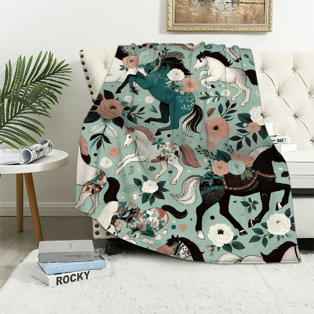 COMIO Flannel Plush Throw Blanket,Horses Floral Horse Breeds Farm