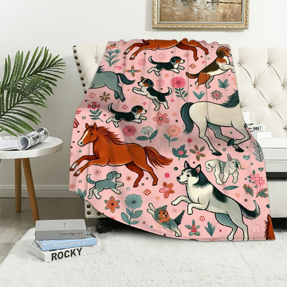 COMIO Flannel Plush Throw Blanket, Horses Flowers Pink Pattern Room