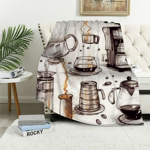 COMIO Flannel Throw Blanket Coffee Collection Sketch Turk Cups Beans Croissant Mill Maker Home Decorative Warm Cozy Soft Blanket for Couch Sofa Bed