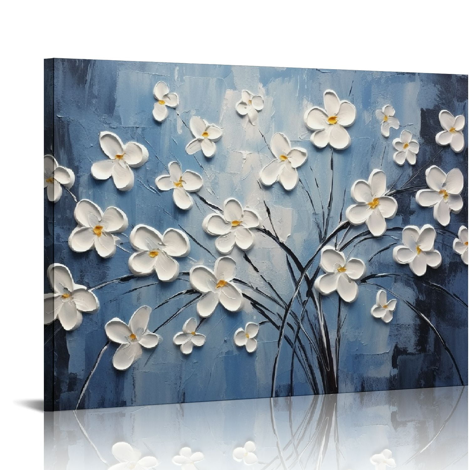 COMIO Floral Canvas Wall Art Hand Painted Blue and White Heavy Textured ...