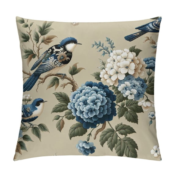 COMIO Floral Pillow Cover Spring Plant Flowers Hydrangea Hibiscus Iris Bird Leaf Throw Pillow Case Square Cushion Decorative Cover for Sofa Bed Blue Green