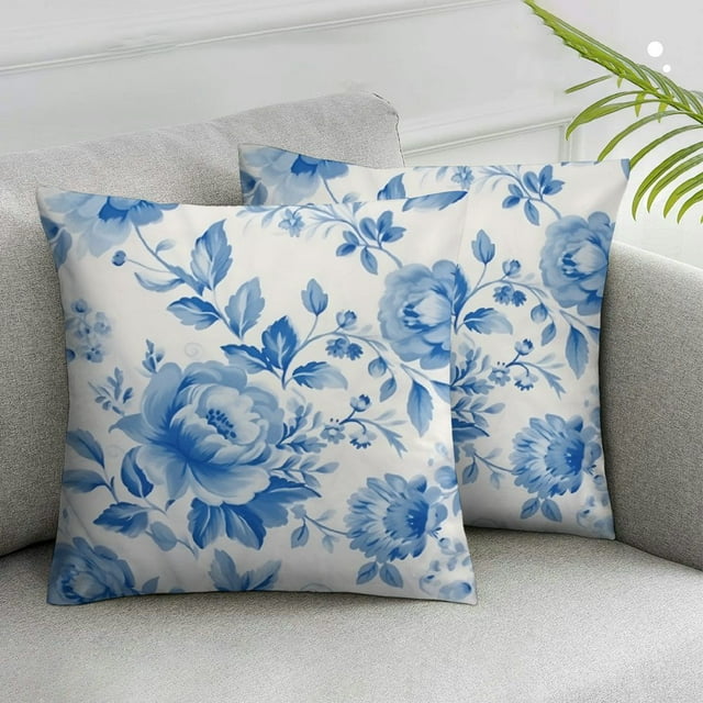 COMIO Floral Pillow Covers Set of 2, Floral Shabby Chic Pink Rose Flowers Blue Double Sided