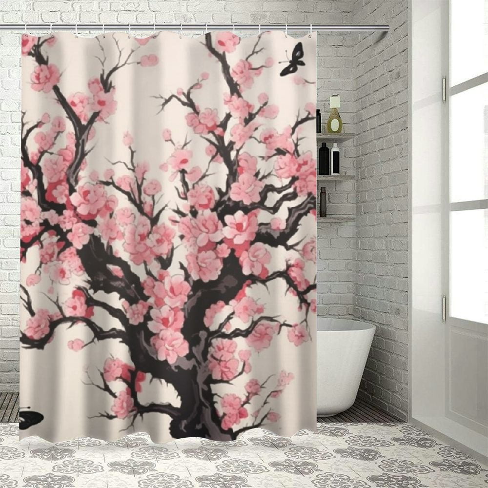 Cherry Blossom Sakura Print Bathroom Shower Curtain