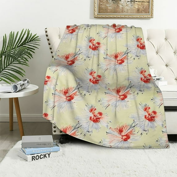 COMIO Floral Throw Blanket, Tropical Hibiscus Blooms Fragrance Petals of Exotic Lands Pattern, Flannel Accent Piece Soft Couch Cover for Adults, Green Dark Coral and Cream
