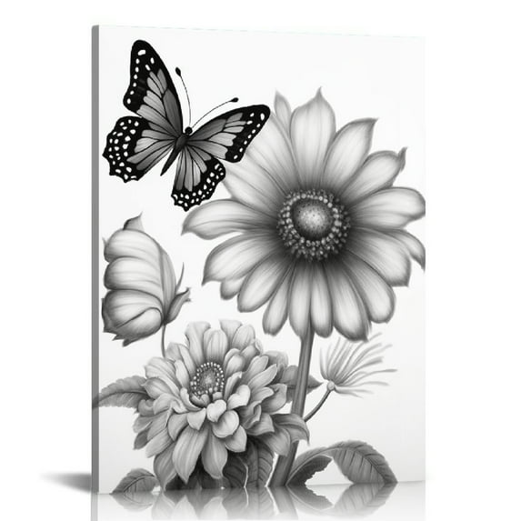 COMIO  Flower Canvas Wall Art Black and White Floral Painting Art Prints Transparent Floral with Butterfly Picture Artwork Modern Bedroom Bathroom Decor