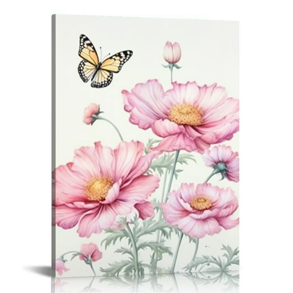 COMIO Flower Canvas Wall Art Colorful Floral Picture for Bedroom Watercolor Pink Wildflower Canvas Decor, Nature Scenery with Butterfly Print Room Decor