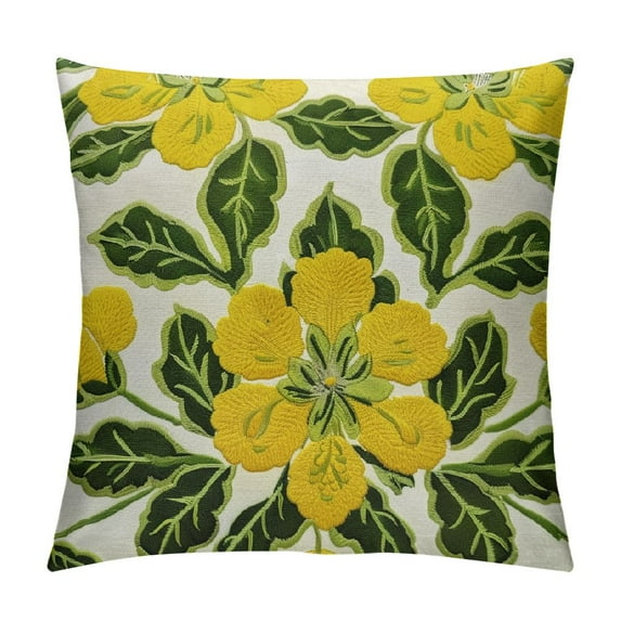 COMIO Flower Farmhouse Decorative Throw Pillow Cover Cottage Floral Green Leaves Pattern, Canvas Cushion Case for Sofa Couch Bed Living Room(Yellow Flowers)