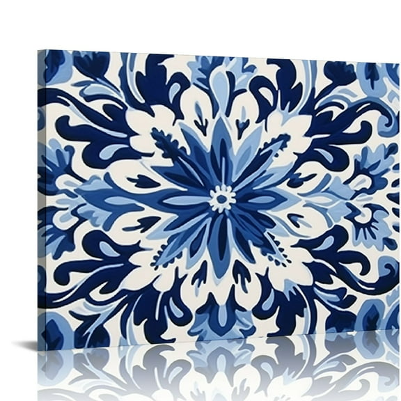 COMIO Flower Pattern Wall Art Abstract Blue Wall Decor Floral Canvas Prints Mandala Wall Pictures Modern Navy Painting (Pattern)