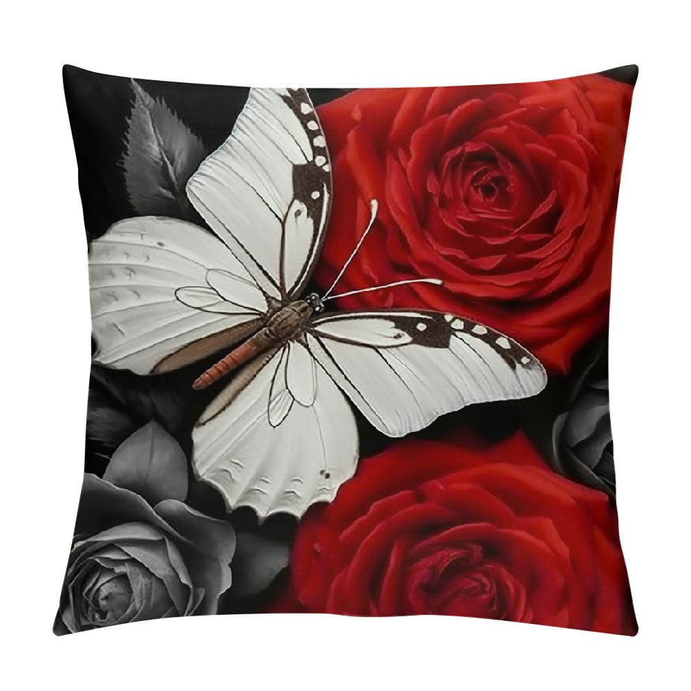 COMIO Flower Throw Pillow Covers Red Rose Gray Black Decorative Pillow ...