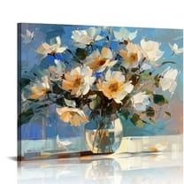 COMIO Flower Wall Art Pictures Floral Canvas Wall Decor Abstract Colorful Textured Painting Blue White Contemporary Blooming Flower Art Print for Living Room Bedroom Office Home Decoration