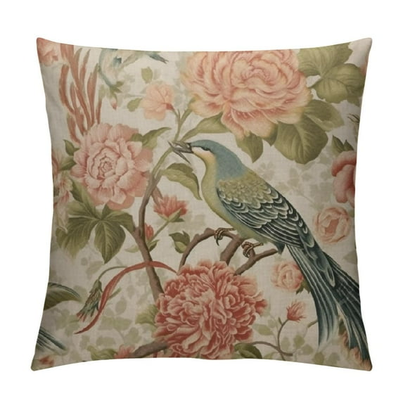 COMIO Flowers Birds Green Throw Pillow Cover, Cushion Case Outdoor Decoration for Sofa Couch Farmhouse