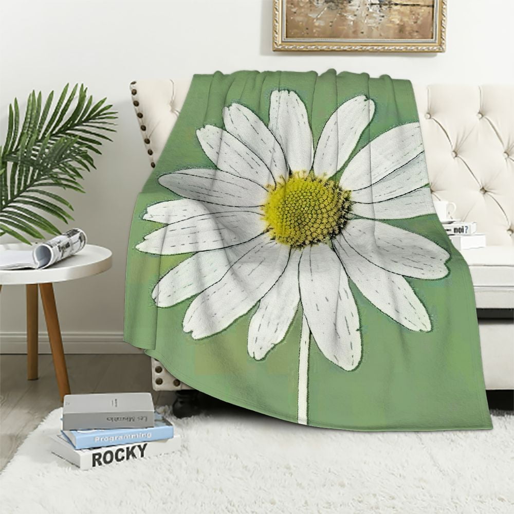 COMIO Flowers YellowCenter GreenBackground Flannel Throw Blanket for