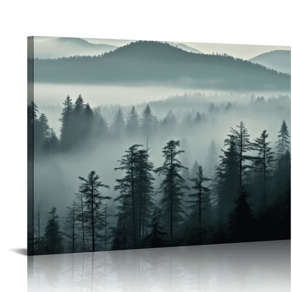 COMIO  Foggy Forest Canvas Wall Art Indigo Misty Forest Pictures Blue Grey Abstract Mountain Trees Painting Artwork Nature Scene Canvas Art for Living Room Bedroom Home Office Wall Decor