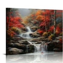 COMIO Forest Canvas Wall Art Red and Black Bathroom Wall Decor Fall Pictures Mountain Waterfall Landscape Poster Tropical Tree Painting Nature Scenery Artwork for Living Room Bedroom Home Decorations