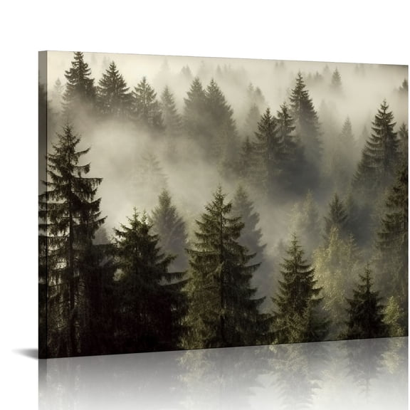 COMIO Forest Picture Canvas Wall Art: Foggy Mountain Landscape Misty Pine Trees Artwork Dark Nature Painting Photography Print for Modern Living Room Bedroom Bathroom