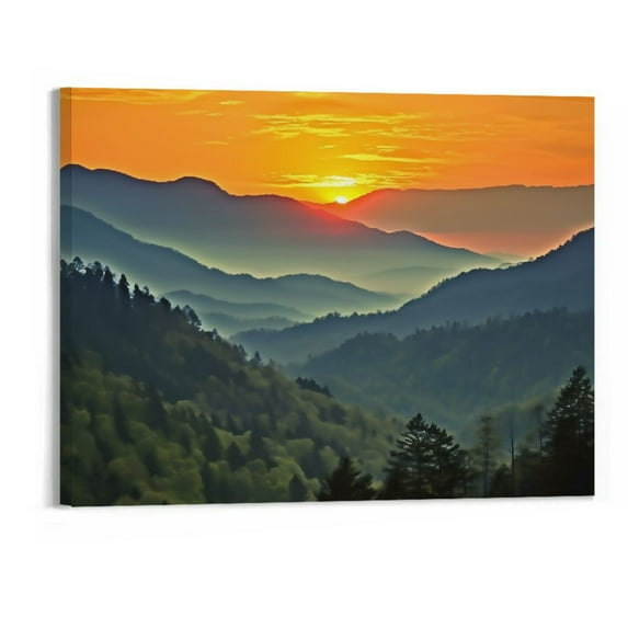 COMIO Forest Sunrise Wall Art Decor Great Smoky Mountains Photo Prints National Park Landscape Canvas Painting Artwork Framed for Bedroom Living Room - 20x16 Inch