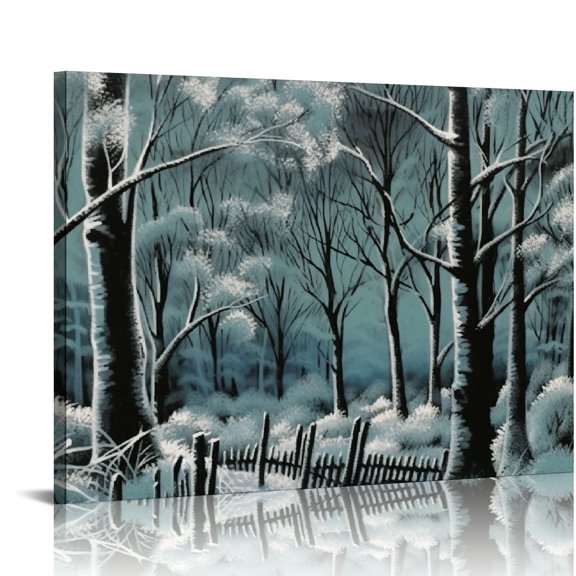 COMIO Forest Wall Art for Bathroom Modern Canvas Print Abstract Night Natural Scenery Picture Winter Snow Trees Landscape Painting Contemporary Framed Artwork for Bedroom Living Room Office Decor