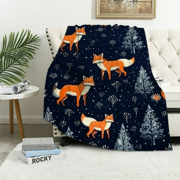 COMIO Fox Blanket for Kids Girls Boys Adult Soft Plush Sherpa Throw Blanket Blue Orange Fox Thick Winter Animal Blanket Living Room Warm Breathable Lightweight Blankets