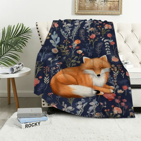 COMIO Fox Throw Blanket - Soft, Fuzzy & Warm Flannel Blankets for Travel, Office - Dark Blue Cute Throws Gift for Girls, Boys