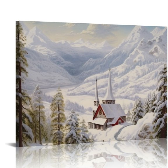 COMIO Frame Winter Wall Art Snow Tree Canvas Wall Decor(8”X10”)Snowing village Hang Artwork Christmas Gift Prints Snowy Mountains and Castle painting for Rustic House Living Room Bedroom(Medium Size)